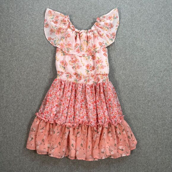Btween Off Shoulder Dress Girls Size 7 Pink Floral Mixed Print Ruffle Hem Lined - Picture 1 of 9